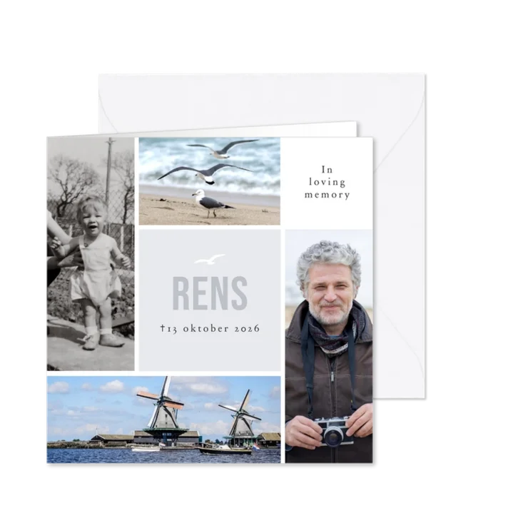 Moderen rouwkaart vierkant landschap 4 foto's silhouet vogel