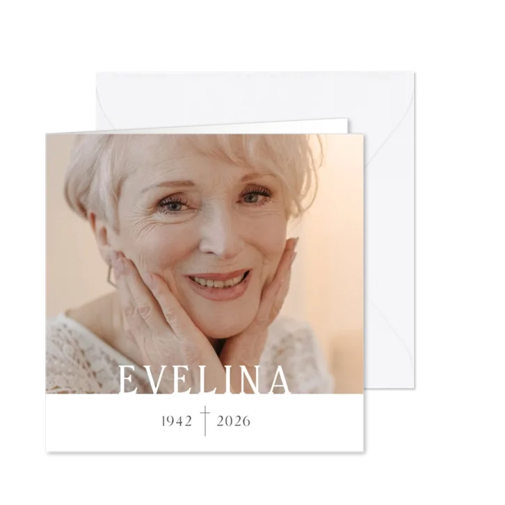 Modern bedankt rouwkaart met foto naam en jaartallen