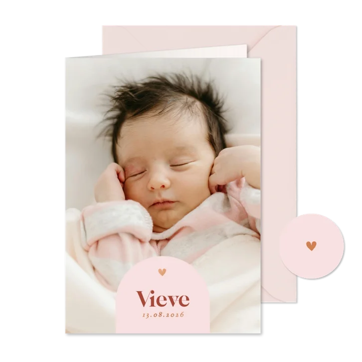 Modern fotokaartje geboorte met roze boogje koperfolie