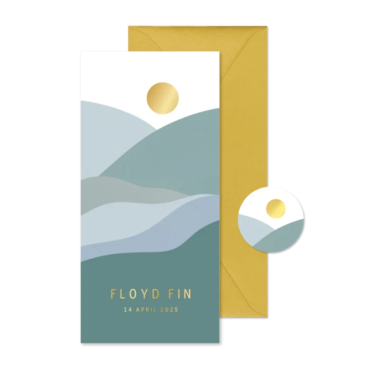 Modern geboortekaartje met abstract landschap en gouden zon