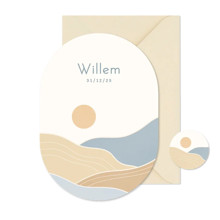 Modern geboortekaartje ovale vorm met landschap jongen