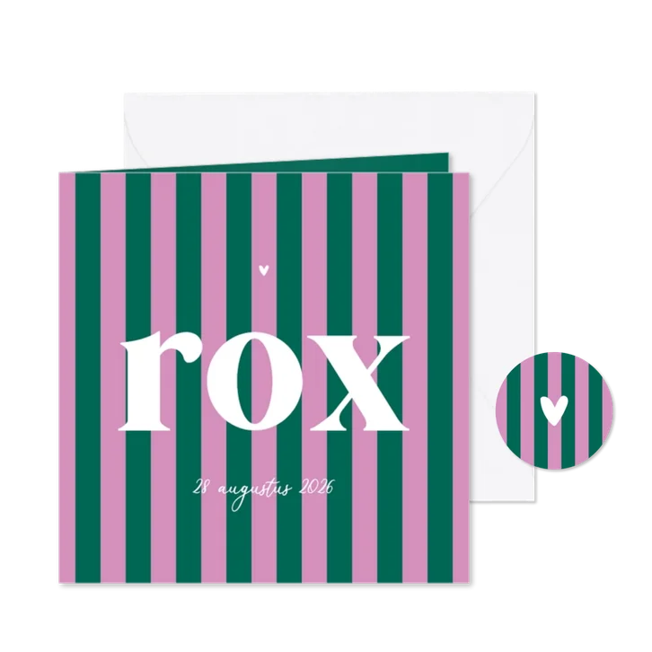 Modern geboortekaartje roze groene strepen klein hartje