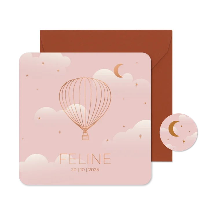 Modern geboortekaartje roze met luchtballon koperfolie