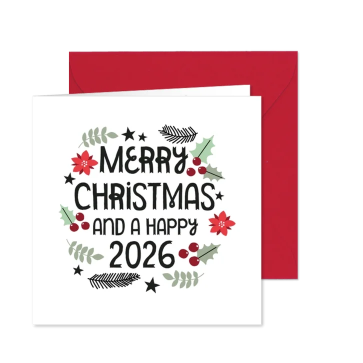 Modern kerstkaart merry christmas & hulst blaadjes