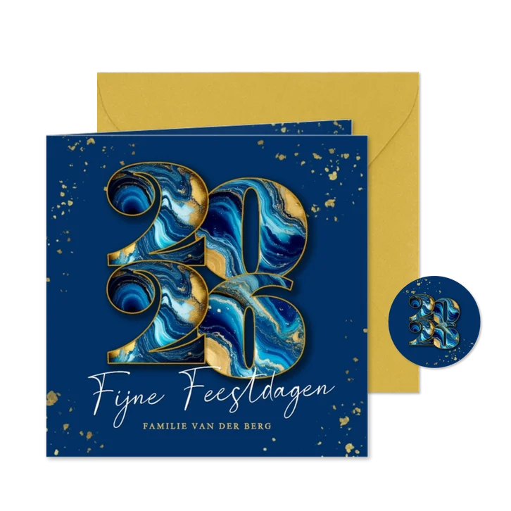 Modern kerstkaartje met marmeren 2026 donker blauw
