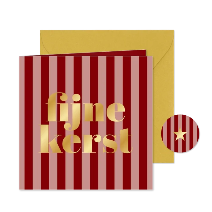Modern kerstkaartje rood roze streepjes fijne kerst goud