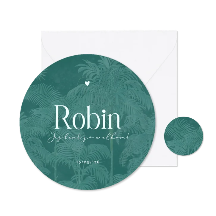 Modern rond geboortekaartje palmbomen groen