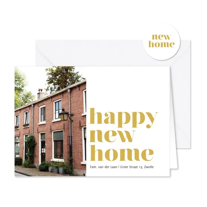 Modern verhuisbericht met foto happy new home geel