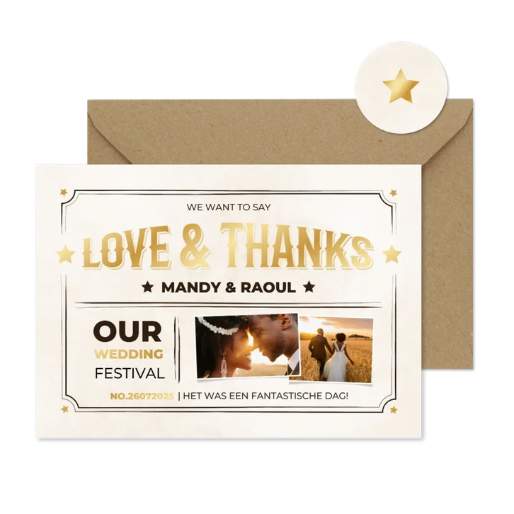 Moderne bedankkaart ticket vintage stijl met goud