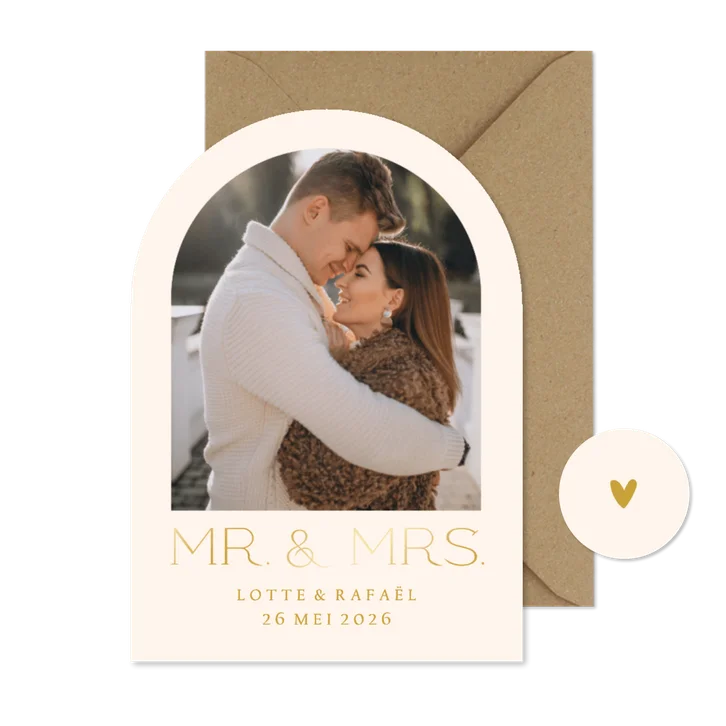 Moderne boogvorm trouwkaart met foto