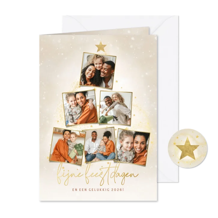 Moderne fotocollage kerstkaart sterren, glitters & kerstboom