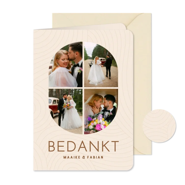 Moderne fotocollage trouwkaart bedankt beige met lijnen