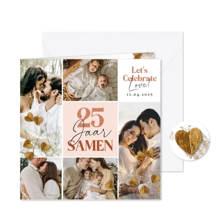 Moderne jubileumkaart 25 jaar samen collage harten goud