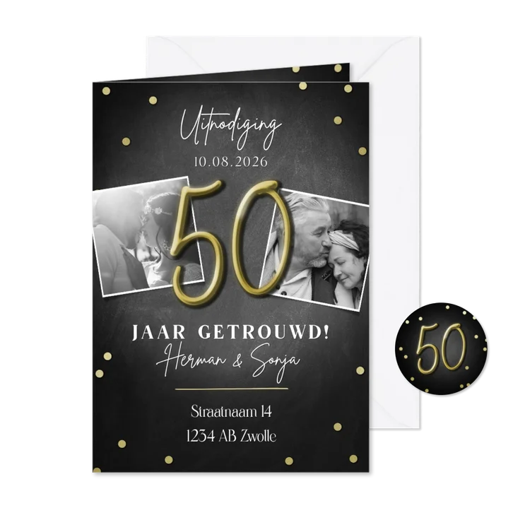 Moderne jubileumkaart 50 jaar met confetti en foto's