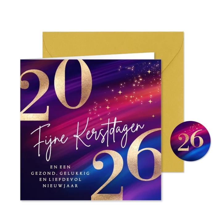 Moderne kerstkaart 2026 met goud en paars