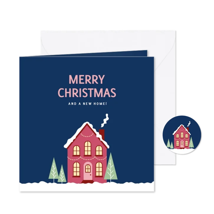 Moderne kerstkaart en verhuiskaart met illustartie van huis