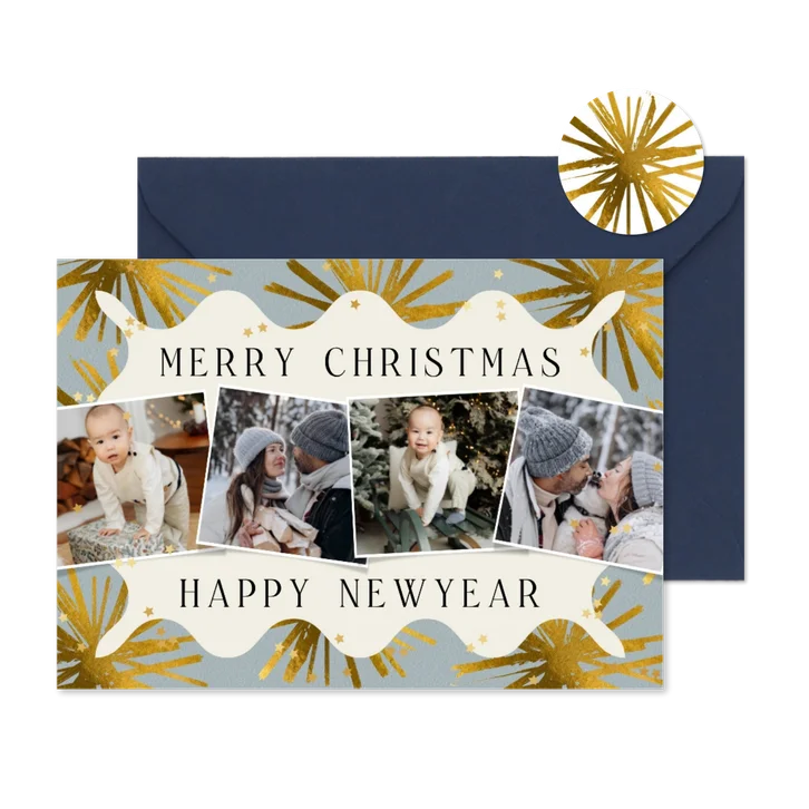 Moderne kerstkaart fotocollage vuurwerk sterren goud