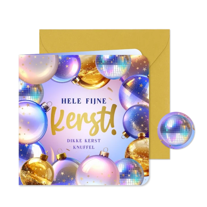 Moderne kerstkaart kerstballen discoballen en sterretjes