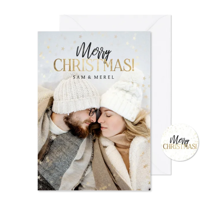 Moderne kerstkaart met grote foto sterren Merry Christmas