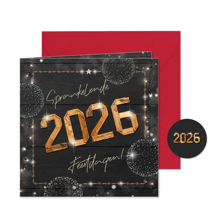 Moderne kerstkaart met houten jaartal en frame van lichtjes