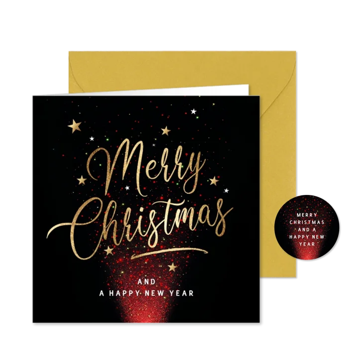 Moderne kerstkaart met rode lichtjes en gouden tekst