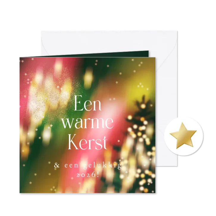 Moderne kerstkaart 'Warme Kerst' lichtjes kleurrijk sterren