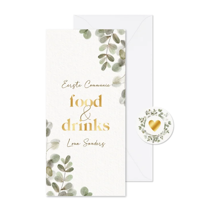 Moderne menukaart eerste communie eucalyptus takjes