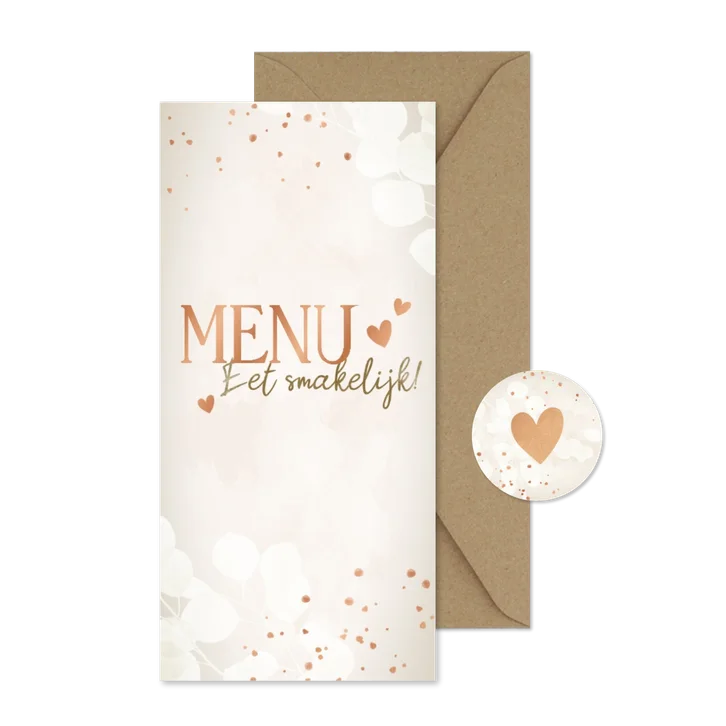 Moderne menukkaart eucalyptus, koper spetters en hartjes