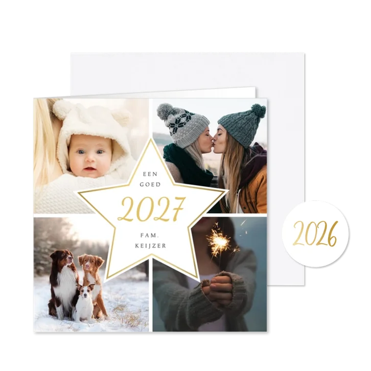 Moderne nieuwjaarskaart fotocollage met 4 foto's en ster