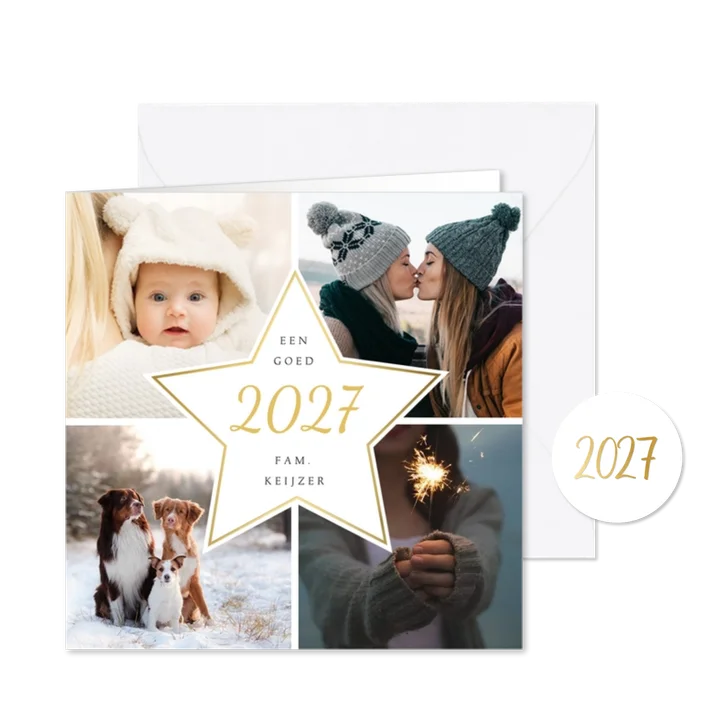 Moderne nieuwjaarskaart fotocollage met 4 foto's en ster