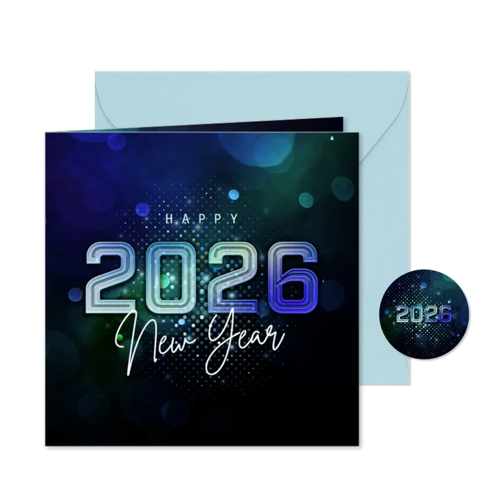 Moderne nieuwjaarskaart futuristisch 2026 blauw