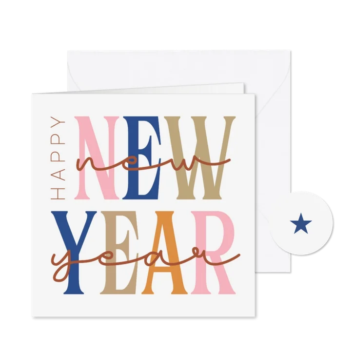 Moderne nieuwjaarskaart happy new year groot gekleurd