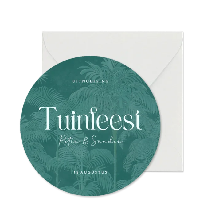 Moderne ronde uitnodiging tuinfeest met palmbomen