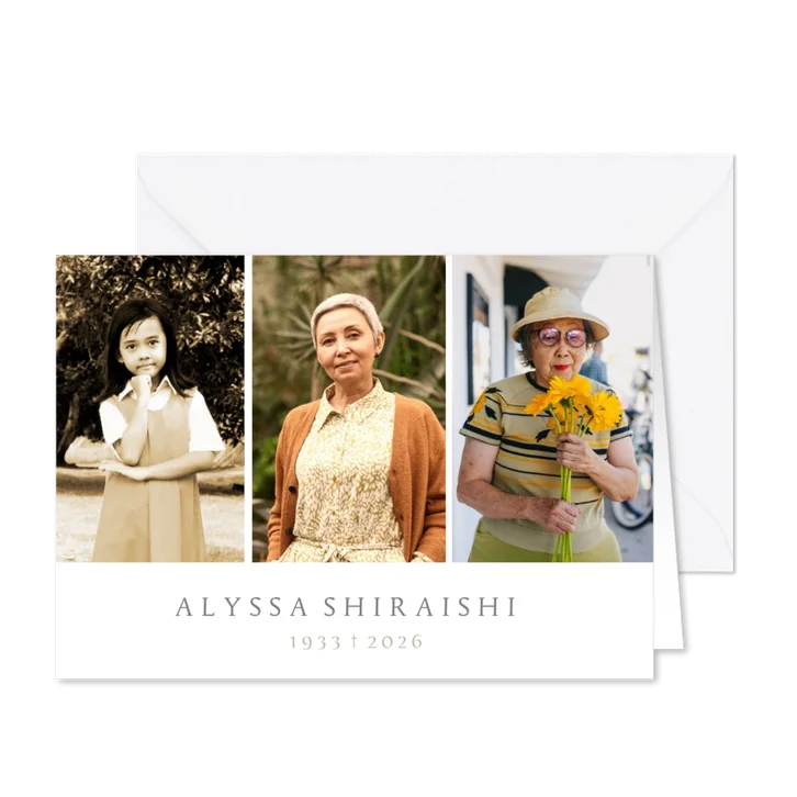 Moderne rouw bedankkaart met 3 foto's van vroeger