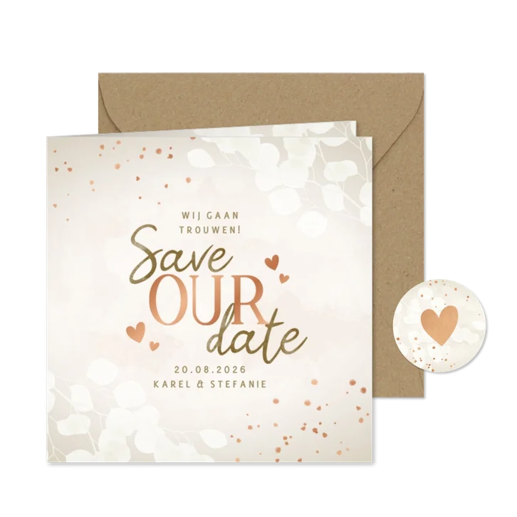 Moderne save the date eucalyptus, koper spetters en hartjes