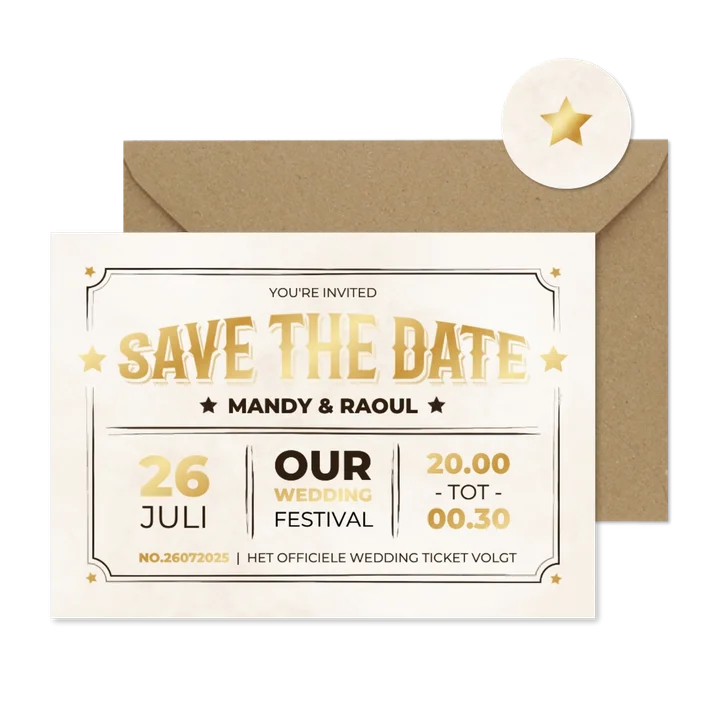  Moderne save the date kaart ticket vintage stijl met goud