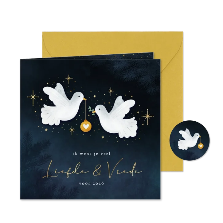Moderne sfeervolle kerstkaart vrede en liefde met 2 duifjes