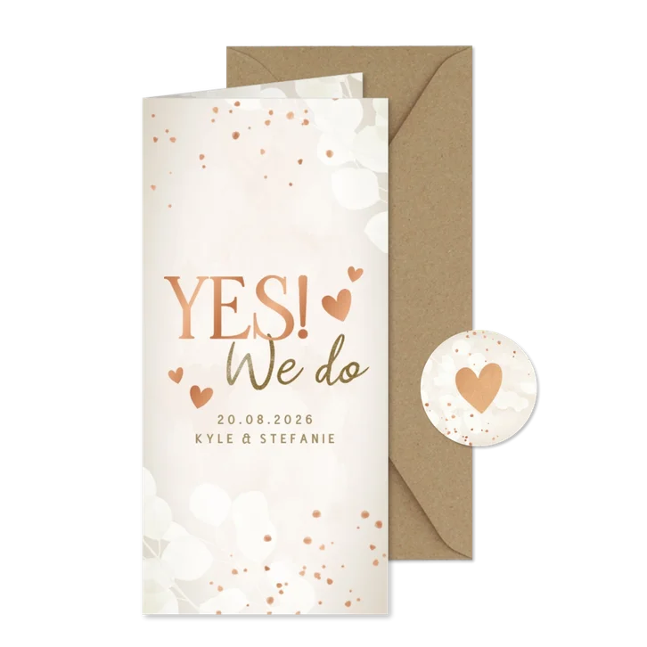 Moderne trouwkaart eucalyptus koper hartjes Yes we do