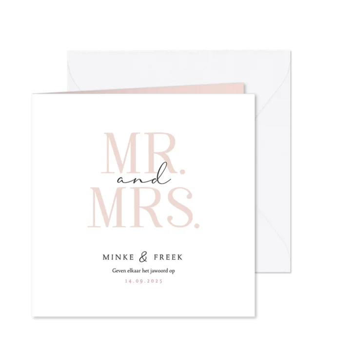 Moderne trouwkaart minimalistisch grafisch mr and mrs roze