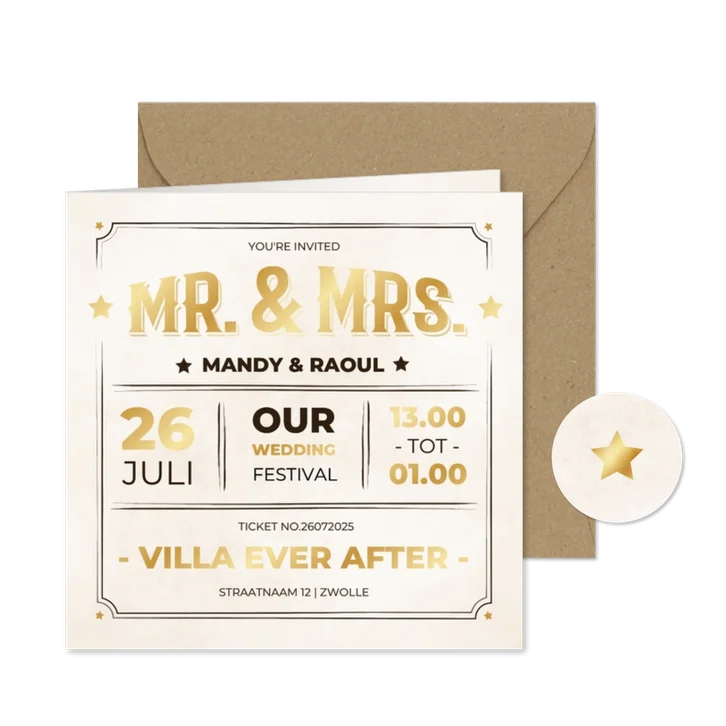 Moderne trouwkaart uitnodiging ticket vintage stijl met goud