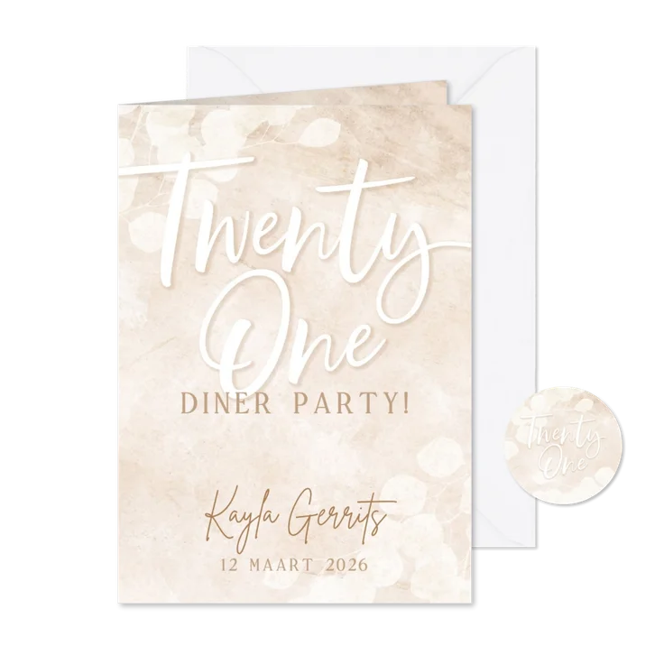 Moderne uitnodiging 21-diner party beige met eucalyptus