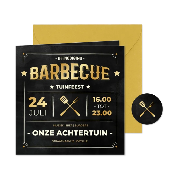 Moderne uitnodiging BBQ krijtbord met goudfolie