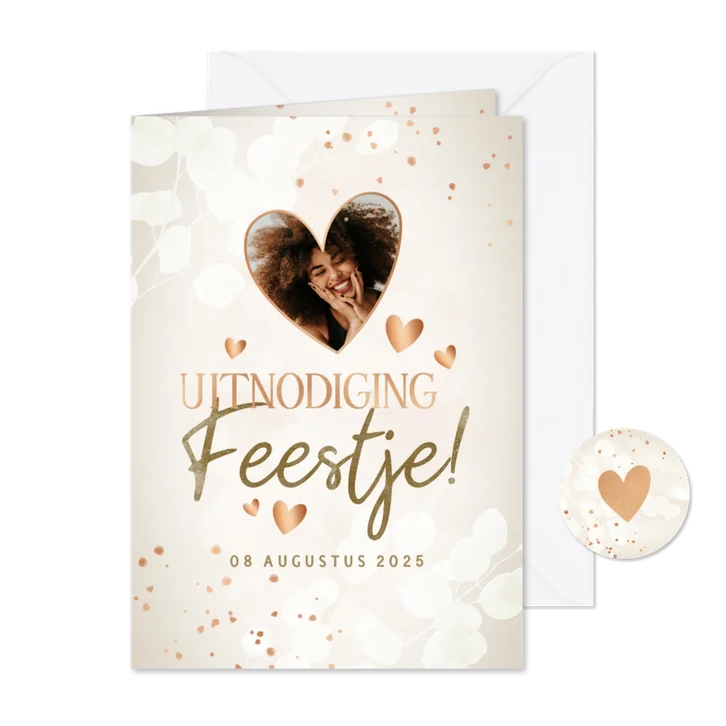 Moderne uitnodiging feestje met eucalyptus hartjes en foto