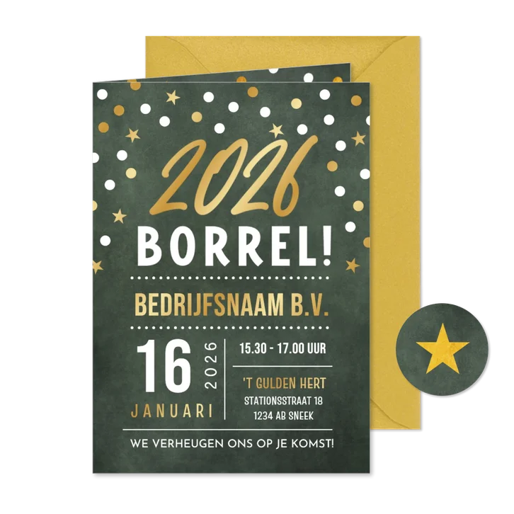 Moderne uitnodiging nieuwjaarsborrel confetti met goudfolie