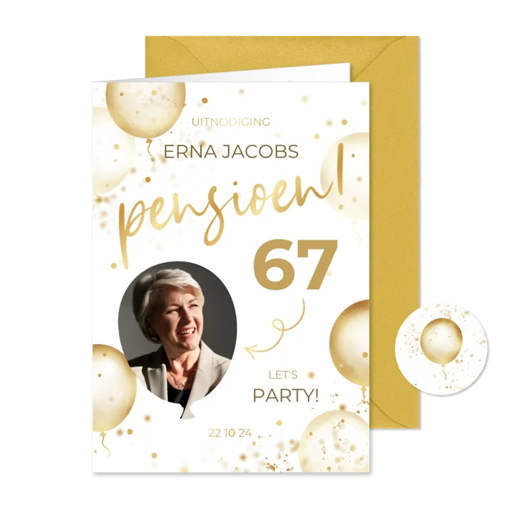 Moderne uitnodiging pensioen met foto en gouden ballonnen
