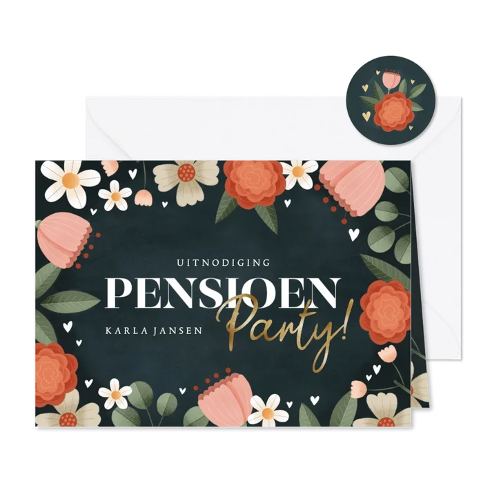 Moderne uitnodiging pensioen party bloemenkader en hartjes