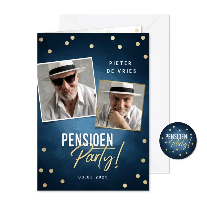 Moderne uitnodiging pensioen party gouden confetti & foto's