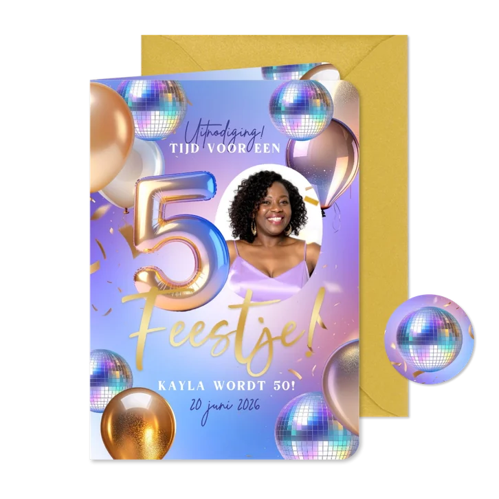 Moderne uitnodiging verjaardag 50 jaar ballonnen disco