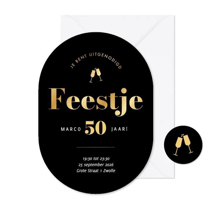 Moderne uitnodigingen feestje zwart goud ovaal