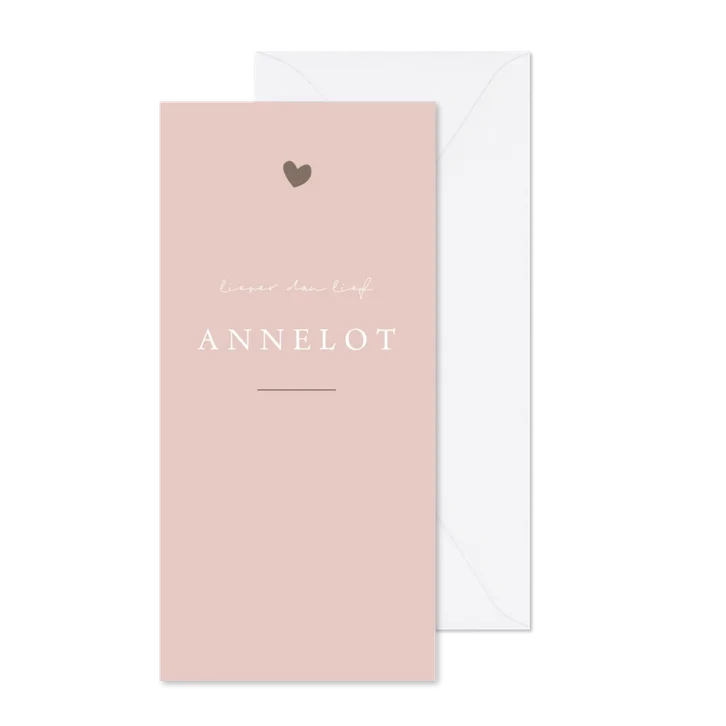 Mooi oudroze geboortekaartje met een bruin hartje